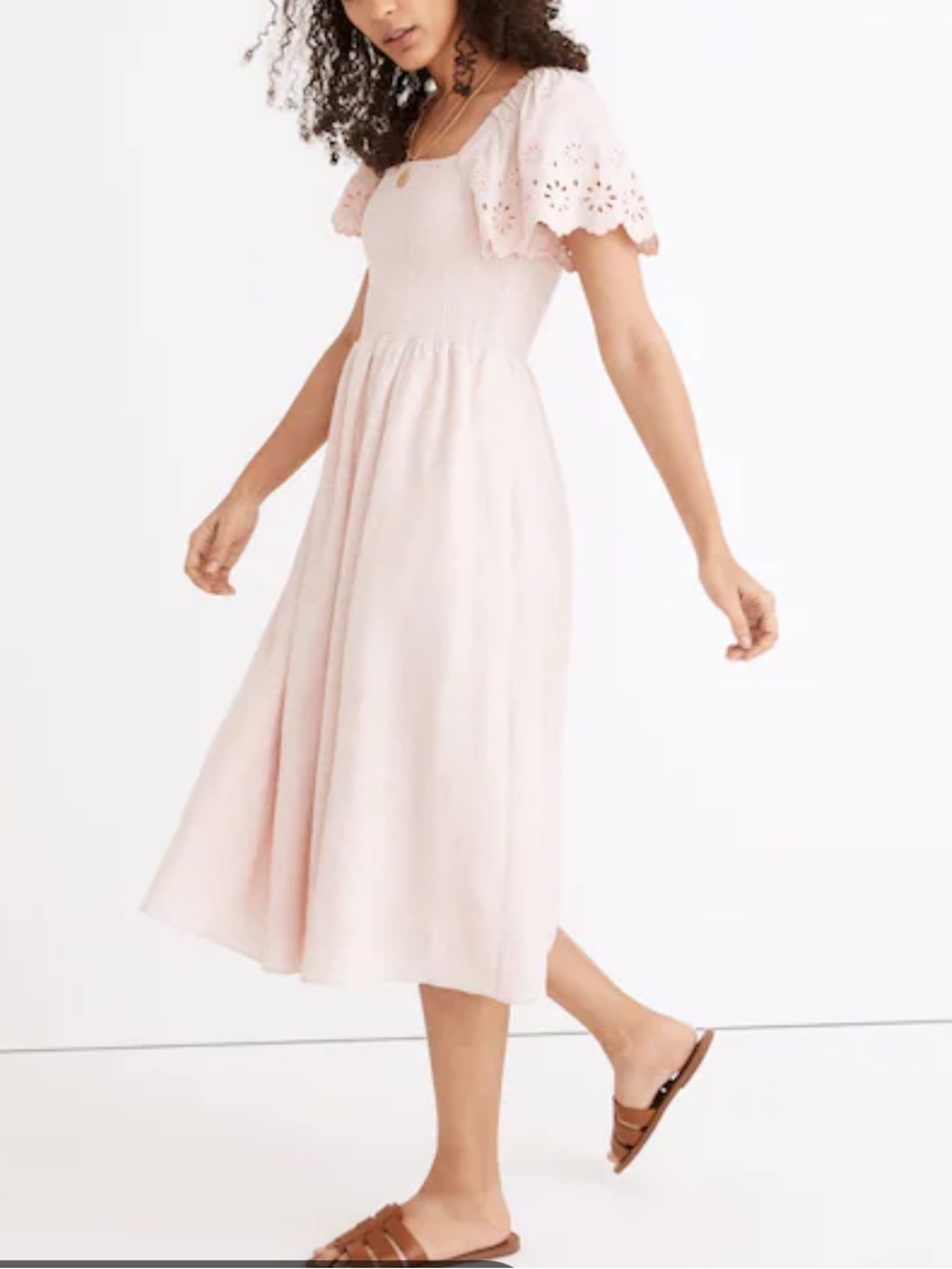 Madewell Pink Smocked Midi Dress M Eyelet Sleeve Linen Blend Cottagecore Coastal